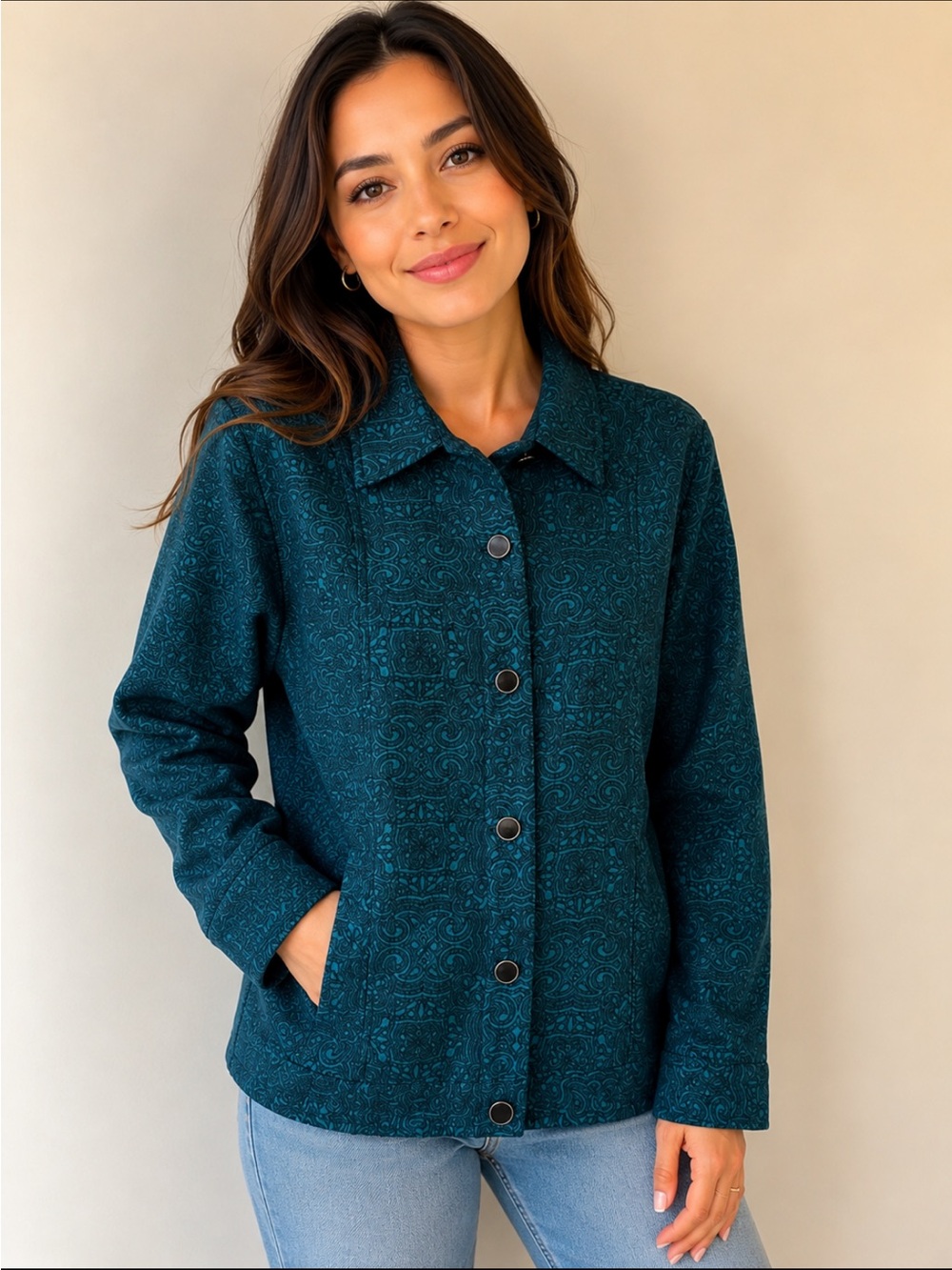Choices Teal Patterned Button-Down Shirt Jacket